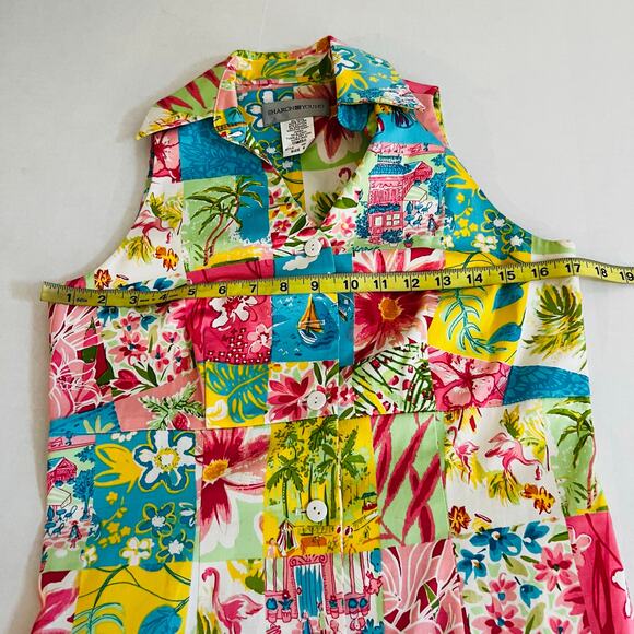 Sharon Young Patchwork Floral Tropical Print Sleeveless Shirt Dress Size 4 - Picture 4 of 7